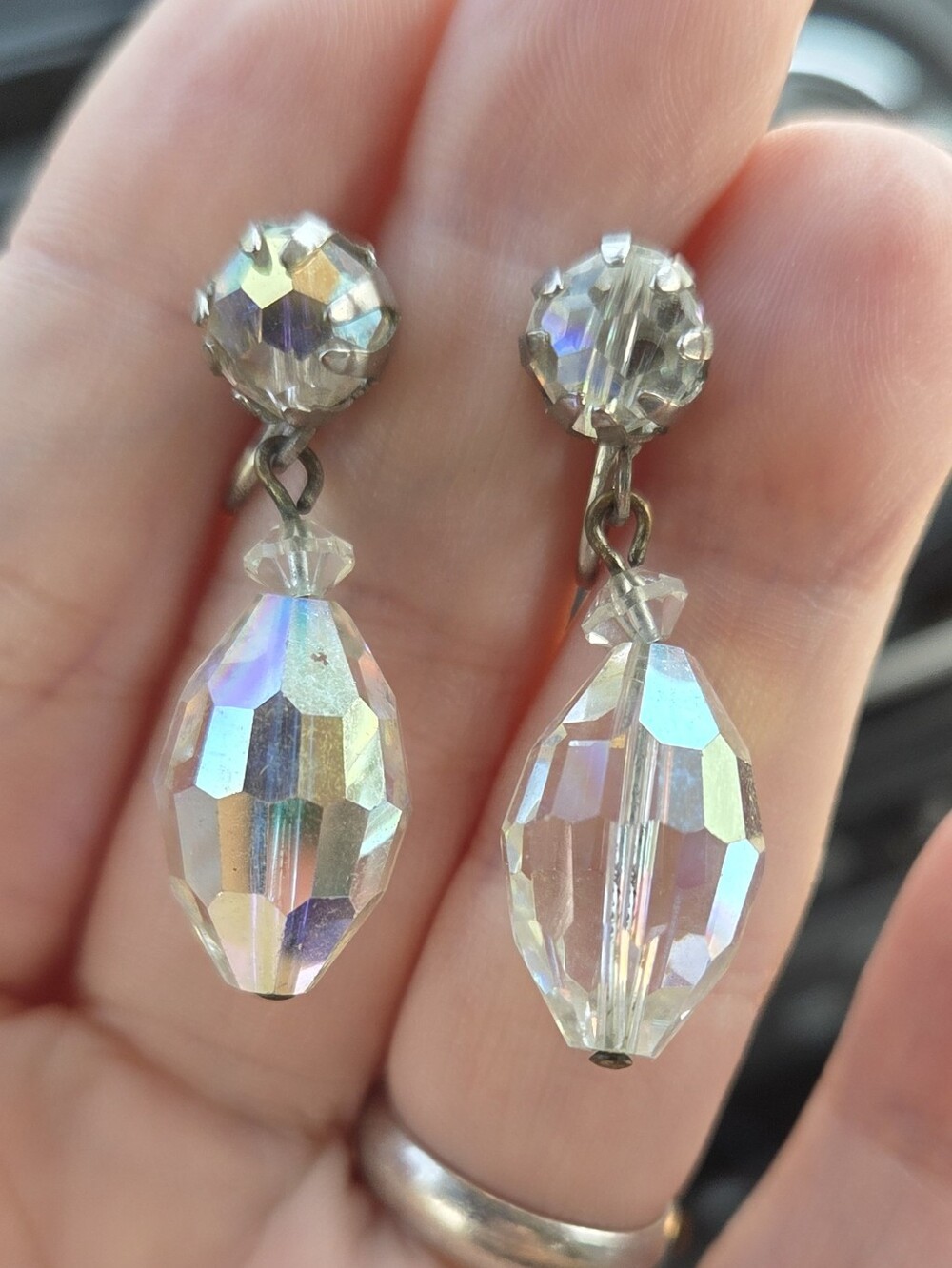 Vintage Aurora Borealis AB Glass Drop Screw Back Earrings Silver Tone